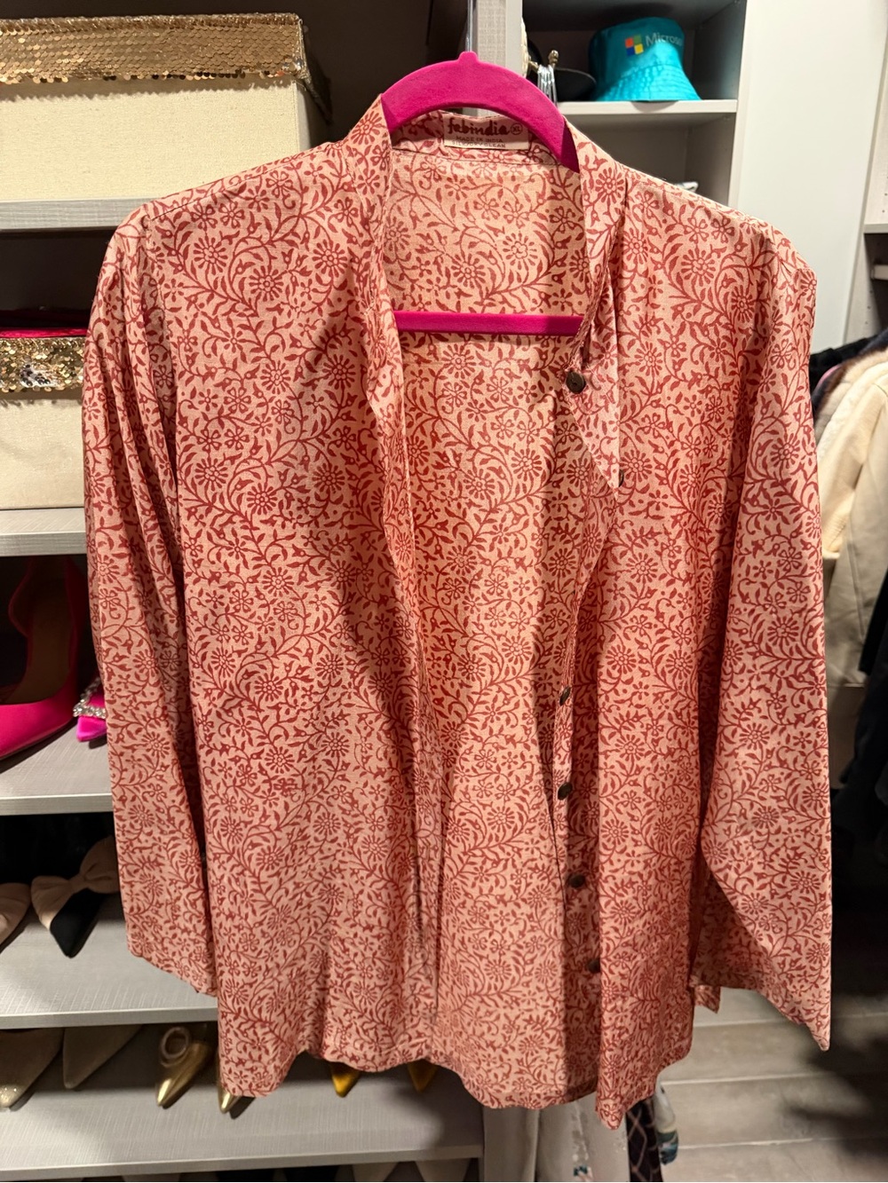 fabindia Peach and Rust Floral Button-Front Women's Shirt
